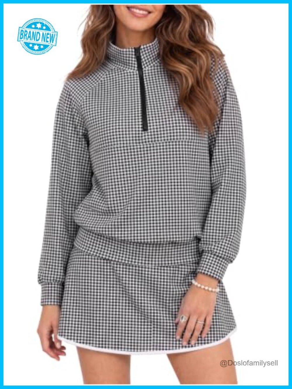 Women's 2 Piece Gingham Half Zip Sweatshirt and Mini Skorts Set